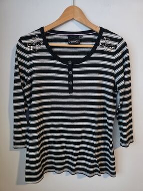 Nanette Lepore Black & White Striped Embellished Top | XL